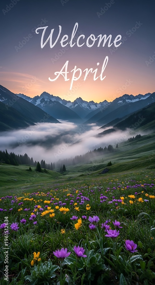 Obraz premium Welcome April spring mountain landscape with wildflowers and sunrise mist