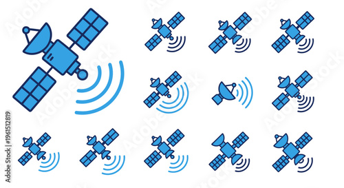 Collection of satellite icons in blue.