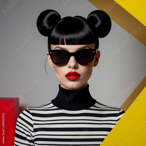 a bold graphic portrait styled in monochrome stripes, capturing modern pop‑couture attitude and the sharp geometry of contemporary editorial design