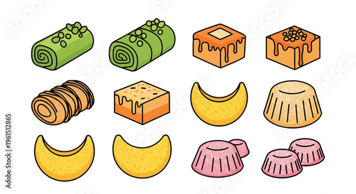 Variety of sweet dessert pastries displayed.