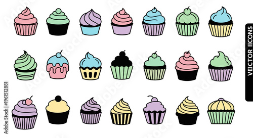 Colorful cupcakes with frosting toppings.