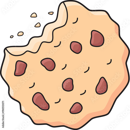 Bitten chocolate chip cookie cartoon illustration isolated vector