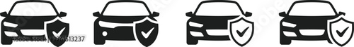Car insurance icons with shield and checkmark symbols, black silhouette vehicle designs representing safety, protection, approval, and security services for automotive visuals