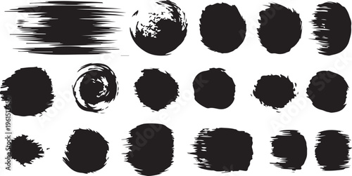 Big collection of black paint, ink brush strokes, brushes, lines, grungy. Dirty artistic design elements, boxes, frames. Vector illustration. Isolated on white background.