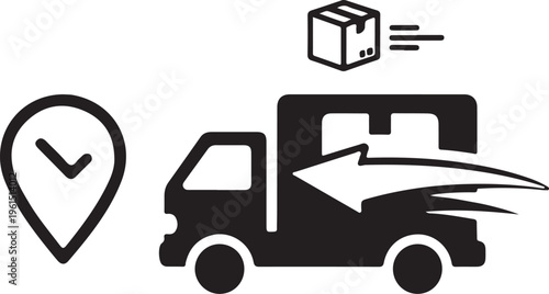 Fast moving shipping delivery truck line art vector icon for transportation apps and websites