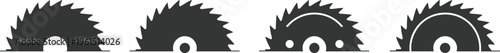 Collection of four black circular saw blade silhouettes with different teeth designs and cutouts, isolated on white background for woodworking, construction, industrial tool illustrations