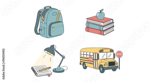 Back to school education concept with backpack, books, apple, study lamp, notebook, pencil, and yellow school bus with stop signs, learning and teaching