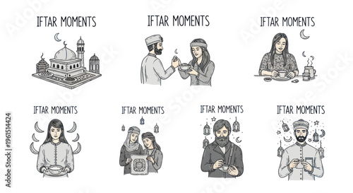 Iftar moments illustrations featuring Muslim people breaking fast with food, tea, prayer rugs and mosques during Ramadan celebration, cultural fasting scenes