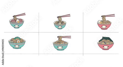 Cute cartoon ramen bowls with chopsticks lifting noodles, eggs, and toppings in colorful bowls, perfect for food menu designs and fun illustrations
