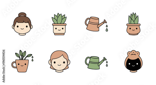 Cute cartoon icons of girls, potted plants, and watering cans with happy faces, perfect for gardening and lifestyle projects