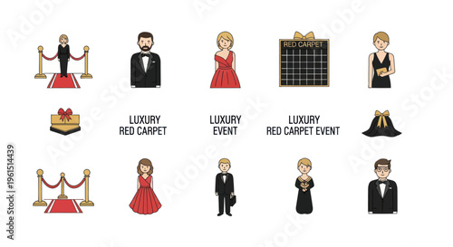 Luxury red carpet event icons with elegant men and women in formal attire, perfect for glamorous event promotions and invitations