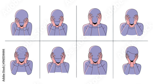 Illustration set of faceless person expressing frustration and stress with hands covering face, anxiety concept for mental health and emotional well-being visuals