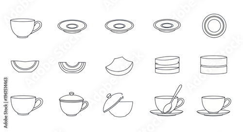 Minimalist line art set of teacups, saucers, sugar bowls, and spoons icons for kitchenware and dining design projects