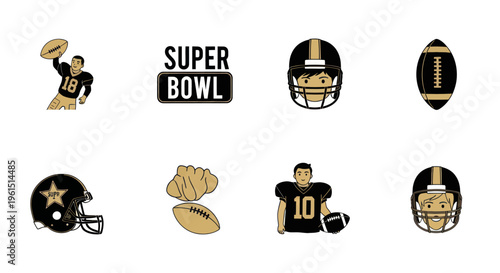 Collection of American football icons including players, helmets, football, glove, and Super Bowl text perfect for sports and football event designs