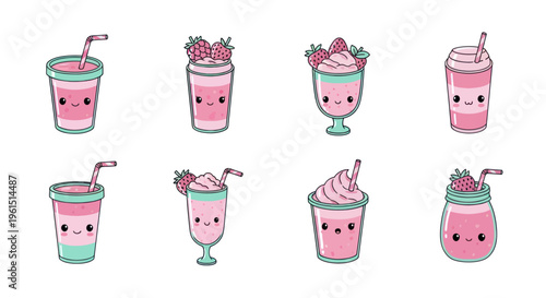 Cute kawaii strawberry and pink smoothie cartoon set with happy faces, perfect for food packaging, kids products, and social media design
