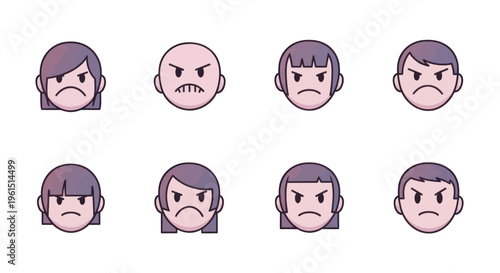 Set of angry and upset emotion cartoon avatars with various hairstyles and facial expressions, perfect for social media, messaging apps, or user interfaces