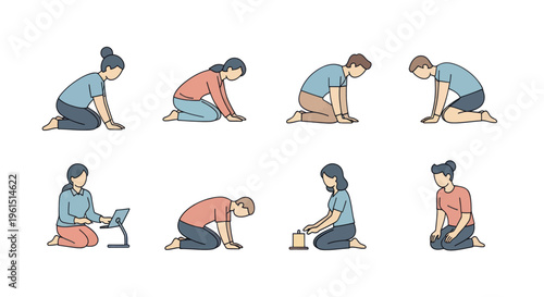 Set of diverse people in various kneeling poses including working on laptop, praying, and relaxing, simple flat vector illustrations for lifestyle and wellness concepts