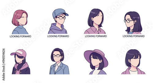 Faceless diverse anime characters with different hairstyles and accessories looking forward, cartoon avatars for profiles and social media illustrations