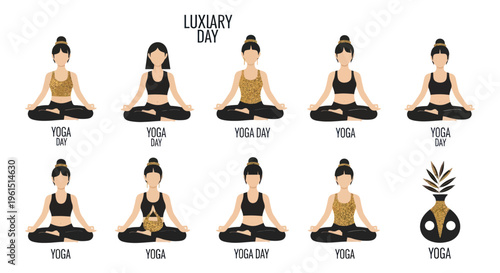 Luxury yoga day concept with women in lotus pose wearing leopard print workout tops and black leggings, perfect for wellness and meditation themes