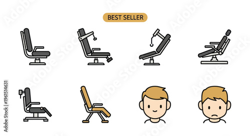 Illustration set of orthodontic dental chairs with patient emoji faces showing happy and sad expressions, best seller, ideal for dental and orthodontic design