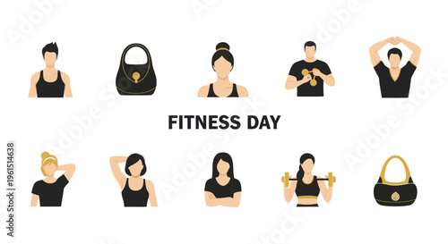 Fitness day icons set with people exercising and gym bags, healthy lifestyle and workout concepts, perfect for fitness promotions