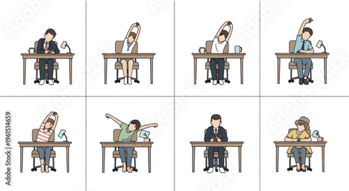 People stretching at desks in office and home settings to relieve tension and improve posture, perfect for wellness and workplace health concepts