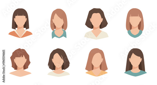 Set of eight faceless woman avatars with different hairstyles and clothing colors, flat design icons for profile or user interface use