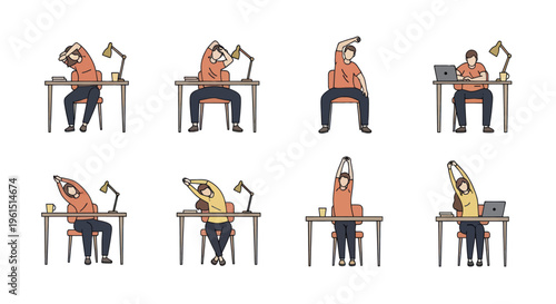 Office workers performing seated stretching exercises at their desks with laptops and desk lamps, promoting workplace wellness and healthy habits