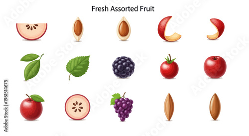 Fresh assorted fruit collection with apple slices, seeds, leaves, blackberry, cherry tomato, grapes, and nuts, perfect for healthy food or nature design