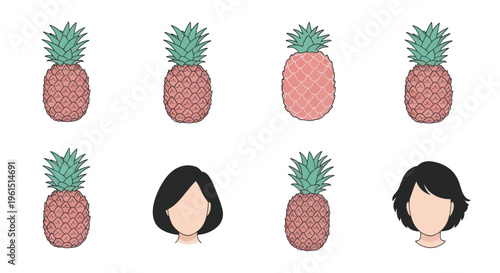 Seamless pattern of pink pineapples and faceless women avatars with black hair, decorative vector background for tropical and summer themes