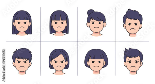 Set of angry cartoon avatar faces with various hairstyles and expressions, perfect for emotion or character design projects