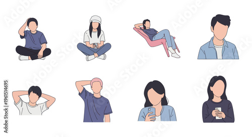 Set of faceless young people in casual clothing using smartphones and relaxing in different poses, perfect for social media and lifestyle designs