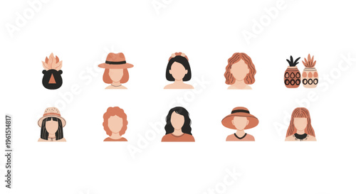 Stylized faceless female portraits and decorative potted plants in earthy tones for minimalist, modern design and branding projects