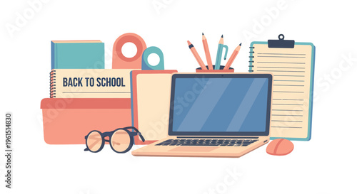 Back to school workspace with laptop, stationery, glasses, books, and clipboard, education concept, online learning and study setup