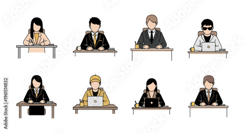 Business people working at desks with laptops and documents in office environment, team collaboration and productivity concept