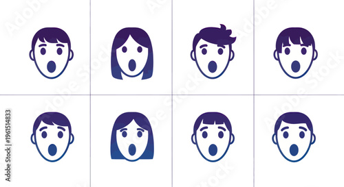 Set of surprised emoji faces with different hairstyles and genders, simple blue cartoon expression icons for social media or messaging apps