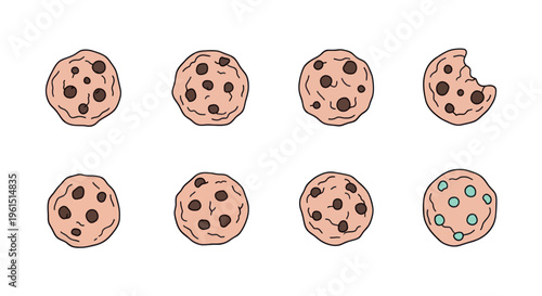 Cartoon chocolate chip cookies with different chip arrangements and one bitten cookie, fun and playful bakery illustration suitable for menus or promotions