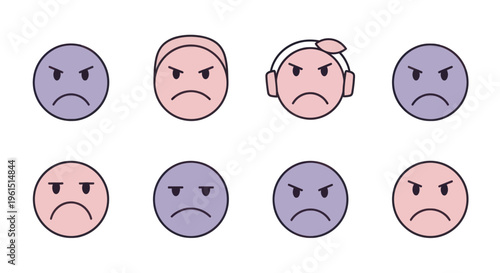 Collection of angry and frustrated emoji faces in purple and pink colors with various headwear icons, perfect for emotional expression design projects
