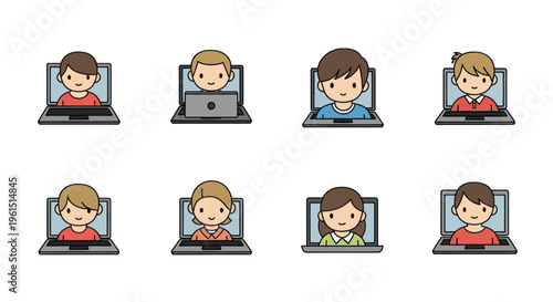 Cartoon kids appearing from laptop screens, remote online communication concept for virtual learning or video calls