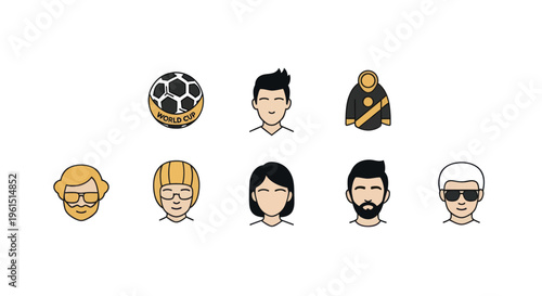 Set of diverse soccer fan avatars and World Cup icons including ball, jersey and various characters, perfect for sports and football projects