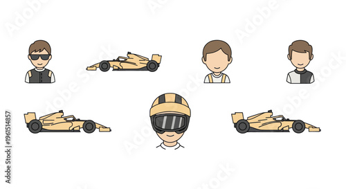 Set of cartoon race car drivers and racing cars icons, illustrations for motorsport and Formula 1 themes