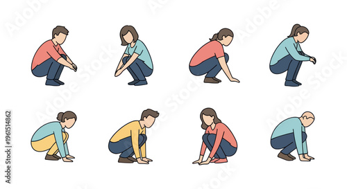 Set of diverse people in various squatting poses isolated on white background, perfect for fitness, exercise, ergonomics and lifestyle projects