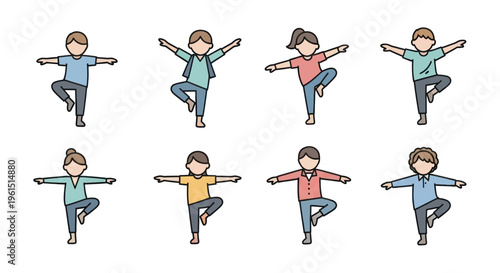 Set of cute children performing yoga tree pose isolated on white background, cartoon kids exercise illustration for healthy lifestyle and fitness concept