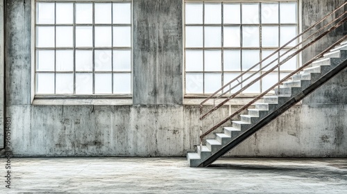 Concrete interior with stairs and large windows.
