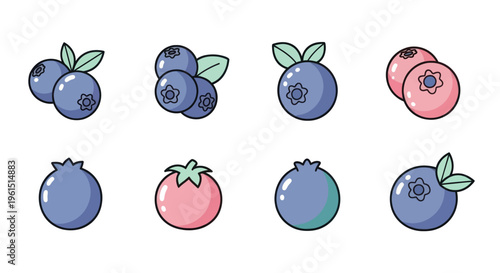 Set of diverse blueberry and berry illustrations with leaves, perfect for food packaging, recipe books, and healthy lifestyle designs