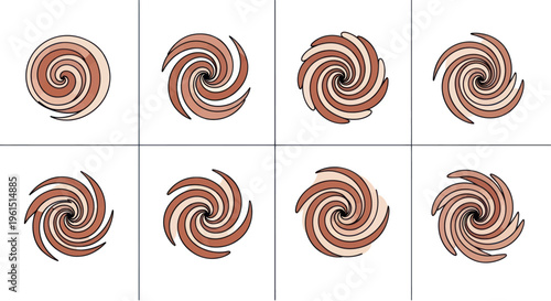 Set of eight abstract brown swirl spirals with rotating curved shapes on white background, digital vector design for backgrounds and patterns