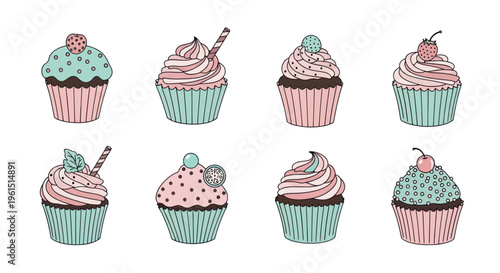 Set of eight pastel-colored hand-drawn cupcakes with various toppings including cherries, strawberries, and mint leaves, perfect for bakery or dessert design