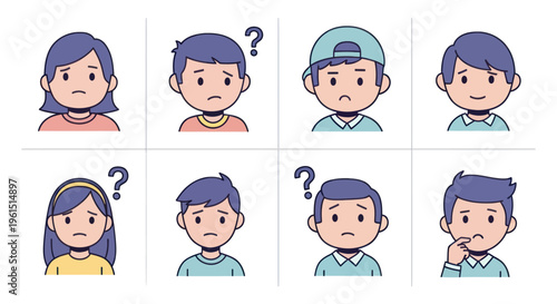 Set of diverse confused and thoughtful cartoon faces with question marks, expressing doubt and uncertainty, ideal for educational and communication projects