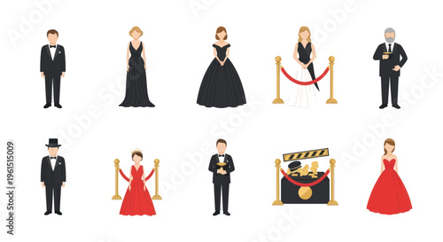 Set of people in formal evening dresses and tuxedos with red carpet and award elements, perfect for gala, awards ceremony, and elegant event designs