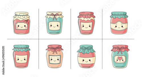 Cute kawaii jam jars with smiling faces and decorative lids, colorful hand-drawn cartoon style perfect for kids or food packaging designs